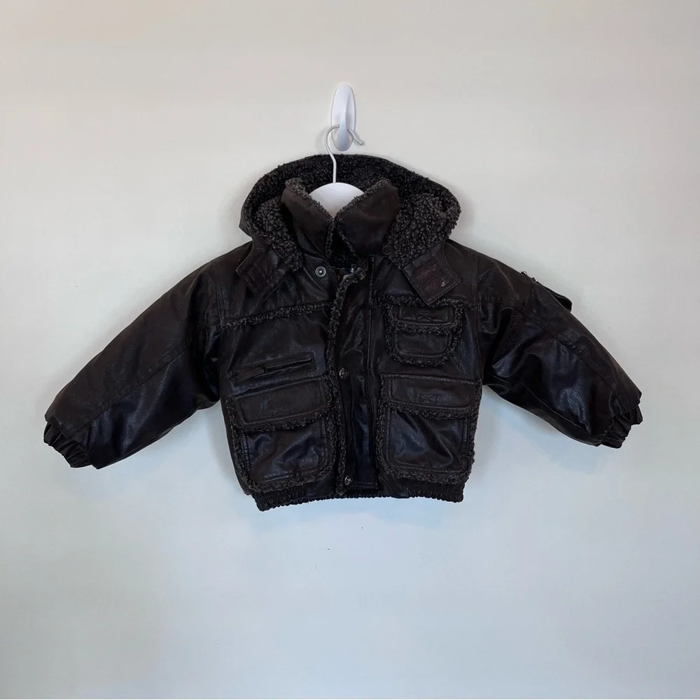 Big Chill Brown Faux leather Bomber Jacket Sherpa Lined Boys 18 Months Pilot